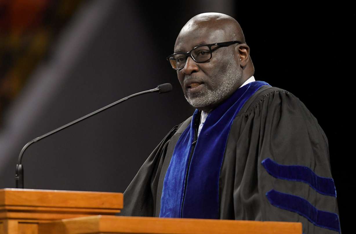 President Paul Anthony Jones of Fort Valley State University speaks during Utah State University’s commencement ceremony on Thursday in Logan.