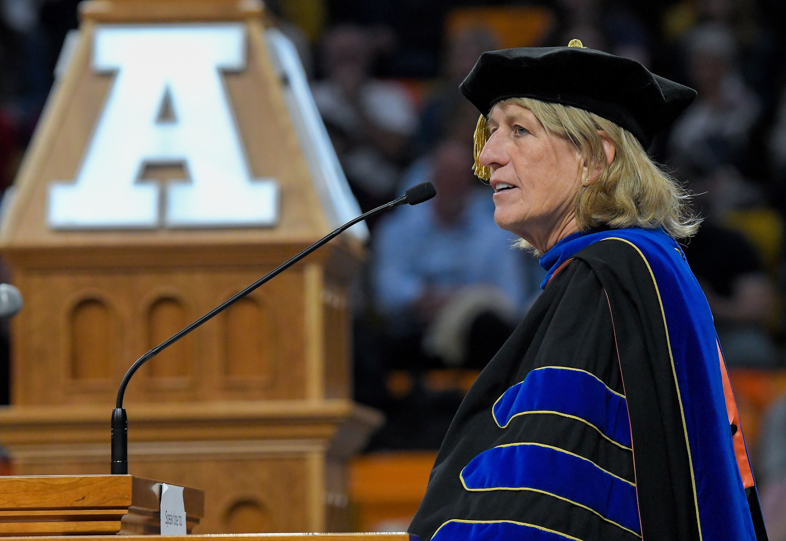 President Noelle Cockett speaks during Utah State University’s commencement ceremony on Thursday in Logan.