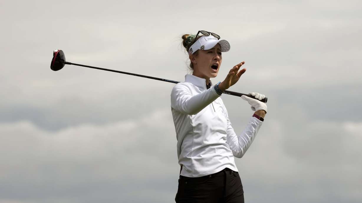Nelly Korda, of the United States, gestures after hitting from the 12th tee at the International Crown match play golf tournament in San Francisco, Thursday, May 4, 2023.