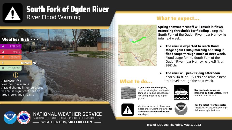 Flood warning in place for South Fork of Ogden River as water levels expected to peak