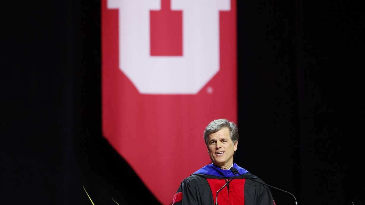 Tim Shriver delivers the keynote address during the University of Utah's commencement in Salt Lake City on Thursday when 8,723 graduates marked the U.'s largest graduating class in school history.