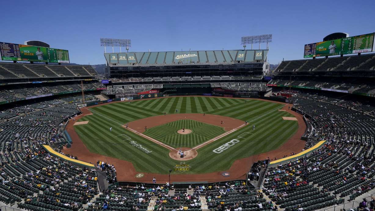 Fans at RingCentral Coliseum watch a baseball game between the Oakland Athletics and the Houston Astros in Oakland, Calif., July 9, 2022. A new poll found 81% of Utahns strongly or somewhat favor bringing a franchise to the Beehive State.