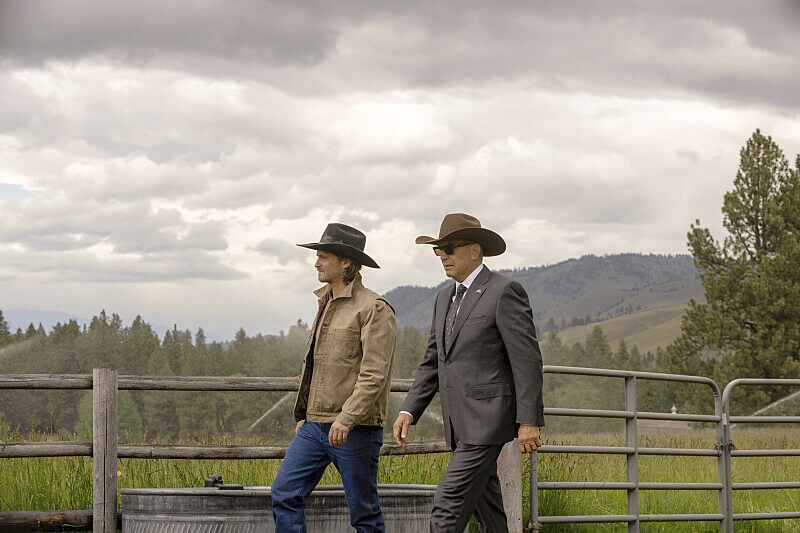 This image released by Paramount Network shows Luke Grimes, left, and Kevin Costner in a scene from "Yellowstone." Grimes is set to star in a spinoff series that will be filmed in Summit County later this year.