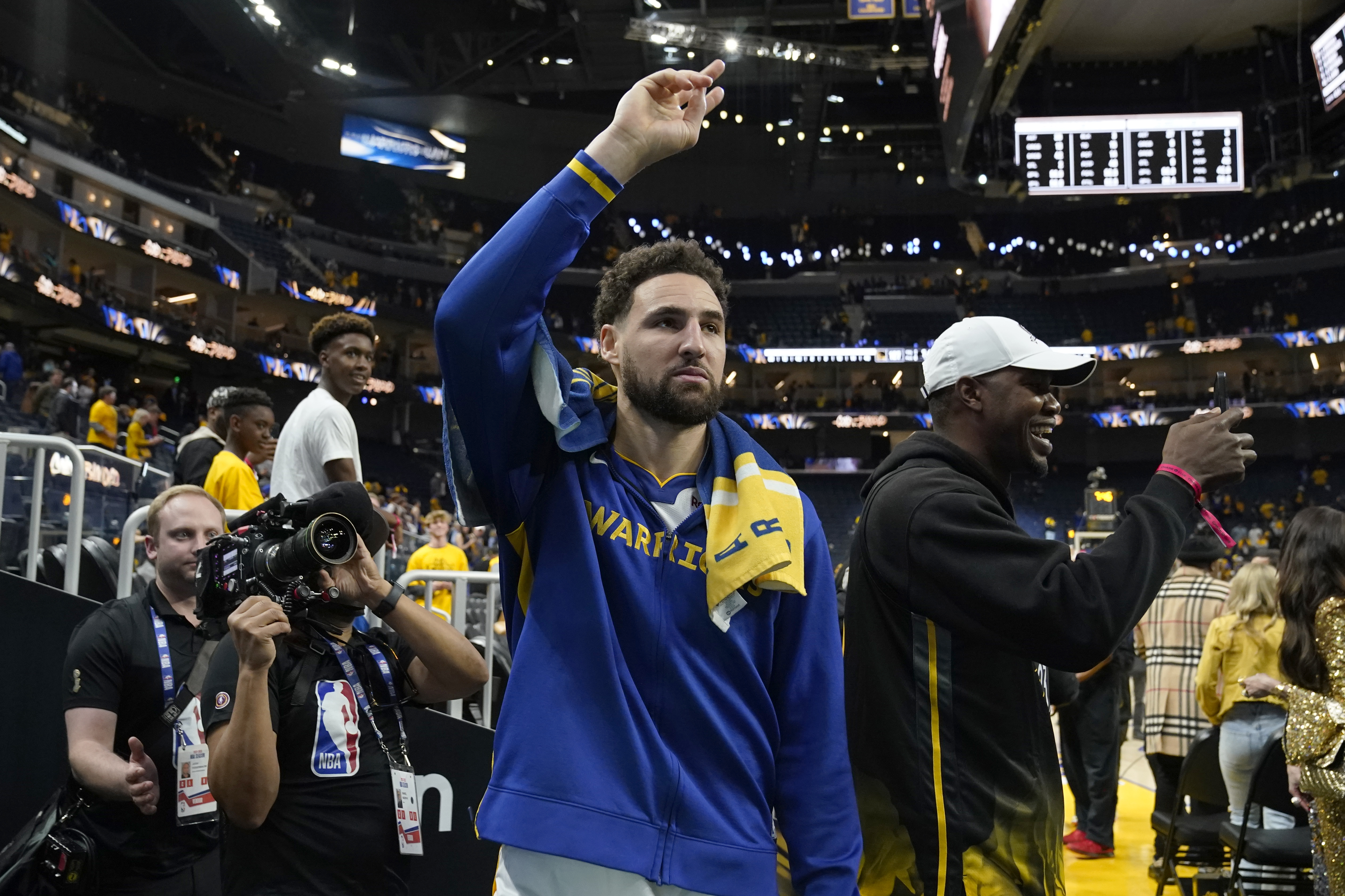 Golden State Warriors guard Klay Thompson celebrates after the 127-100 win against the Los Angeles Lakers of Game 2 of an NBA basketball Western Conference semifinal game, Thursday, May 4, 2023, in San Francisco. 