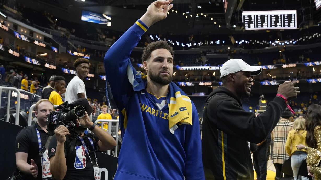 Golden State Warriors guard Klay Thompson celebrates after the 127-100 win against the Los Angeles Lakers of Game 2 of an NBA basketball Western Conference semifinal game, Thursday, May 4, 2023, in San Francisco.