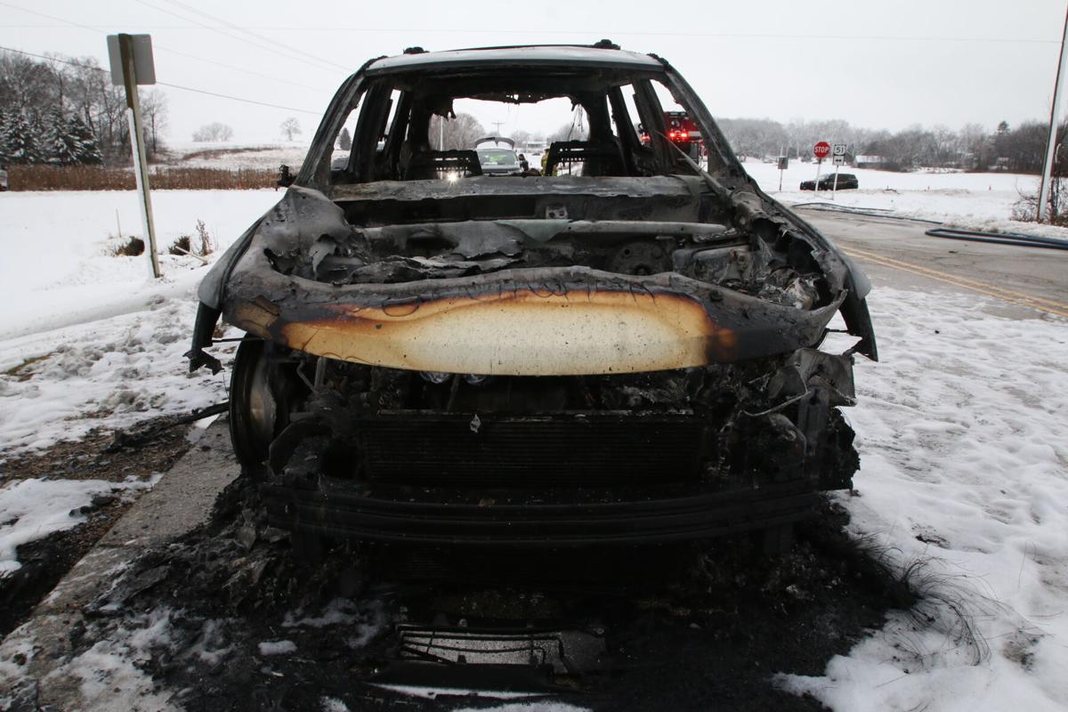 The aftermath of a vehicle fire 2009 Dodge Journey on Highway AB in Wisconsin, on Dec. 9, which trapped and killed Mary Frahm.