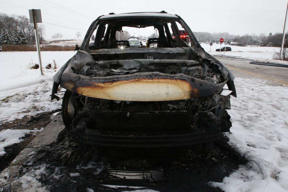 The aftermath of a vehicle fire 2009 Dodge Journey on Highway AB in Wisconsin, on Dec. 9, which trapped and killed Mary Frahm.