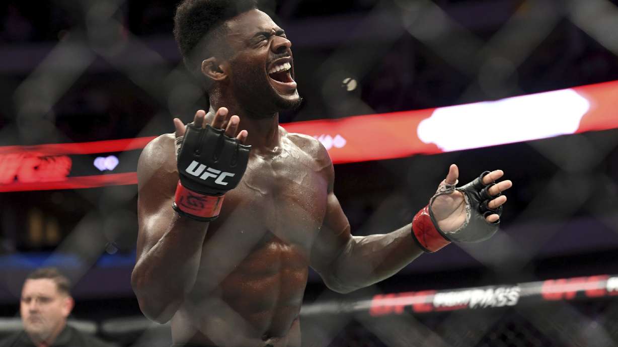 FILE - Aljamain Sterling celebrates after defeating Cody Stamann in their bantamweight mixed martial arts bout at UFC 228 on Saturday, Sept. 8, 2018, in Dallas. Former two-division world champion Henry Cejudo fights for the bantamweight title bout against reigning champion Aljamain Sterling. The are the main event of UFC 288 on Saturday at the Prudential Center in Newark, N.J.