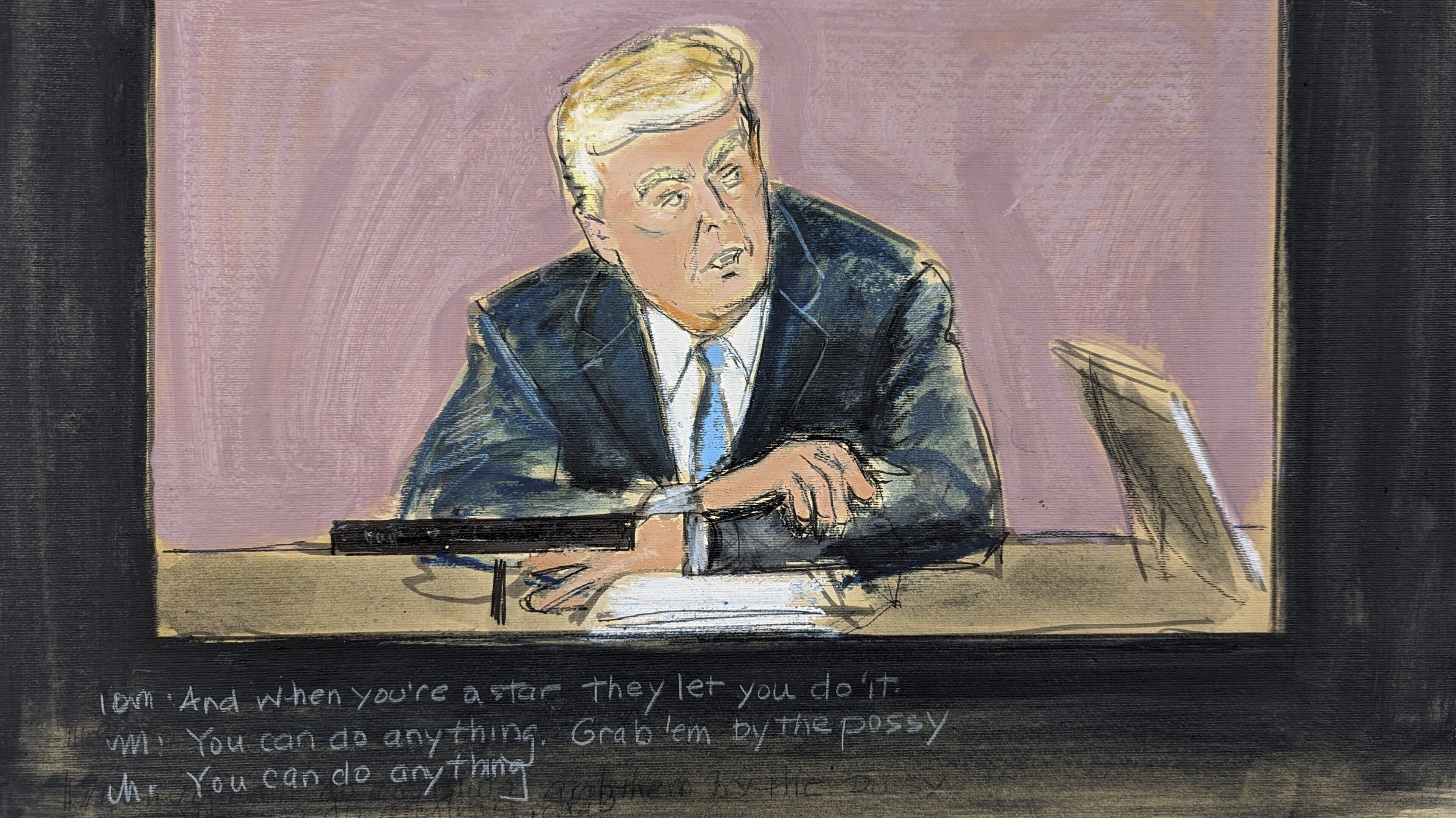 In this courtroom sketch, Donald Trump's deposition videotape plays on a screen, in Manhattan federal court, Thursday in New York. 