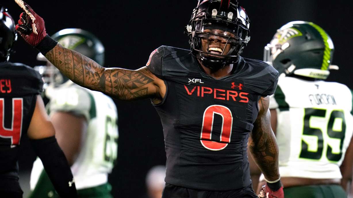 Vegas Vipers linebacker Pita Taumoepenu celebrates a big play as the Orlando Guardians face the Vegas Vipers at Cashman Field in Las Vegas on March 18th, 2023.