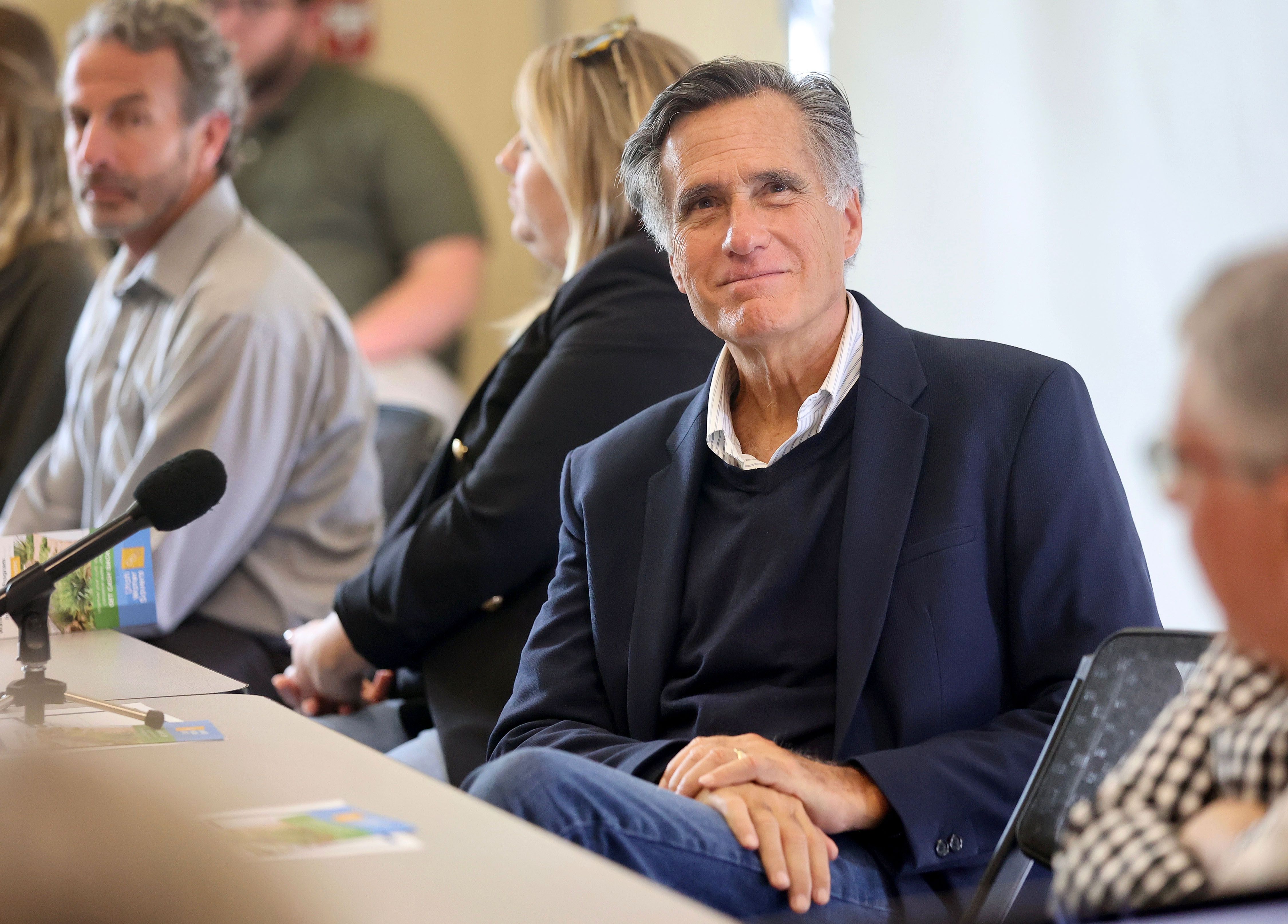 Sen. Mitt Romney, R-Utah, listens to a presentation Friday during a roundtable meeting at Jordan Valley Water Conservancy District in West Jordan.