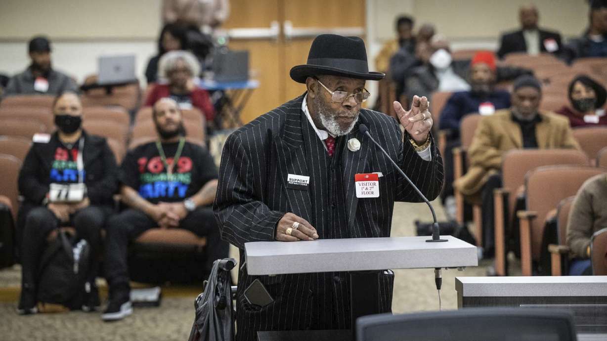 Bishop Henry C. Williams, of Oakland, testifies during the Reparations Task Force meeting in Sacramento, Calif., on March 29, 2023. California's first-in-the-nation reparations task force will sign off Saturday on key recommendations.
