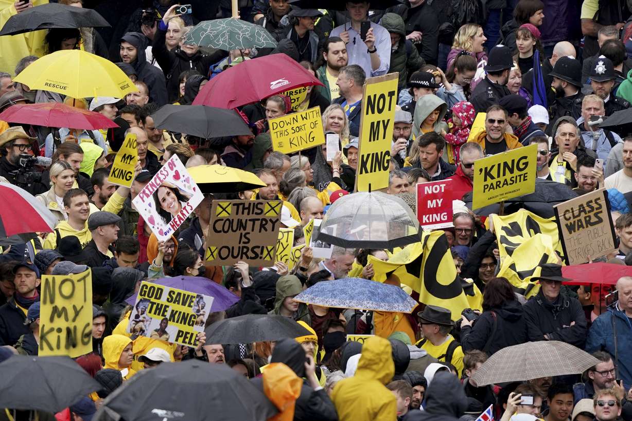 Protesters near Trafalgar Square ahead of the coronation ceremony of King Charles III at Westminster Abbey, London, Saturday.