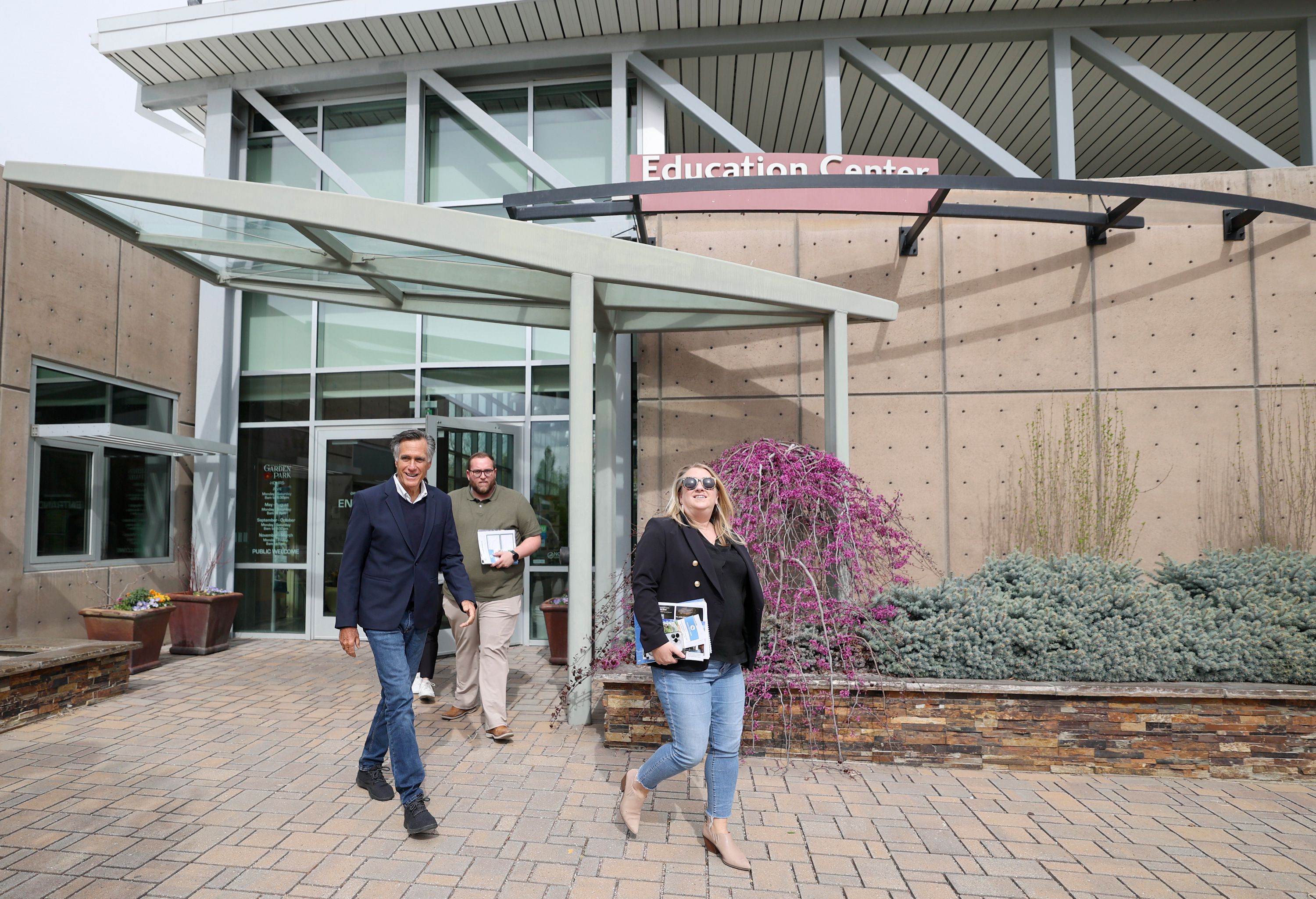 Sen. Mitt Romney, R-Utah, and his chief of staff Liz Johnson leave Jordan Valley Water Conservancy District Education Center after a roundtable discussion about the Jordan River Watershed and the Great Salt Lake in West Jordan on Friday.