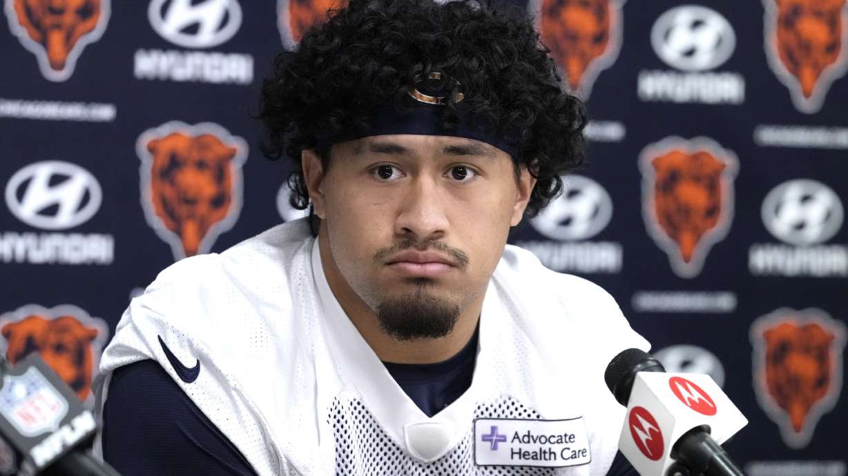 Chicago Bears linebacker Noah Sewell listens to a question from the media at a news conference during the NFL football team's rookie minicamp at Halas Hall in Lake Forest, Ill., Saturday, May 6, 2023.