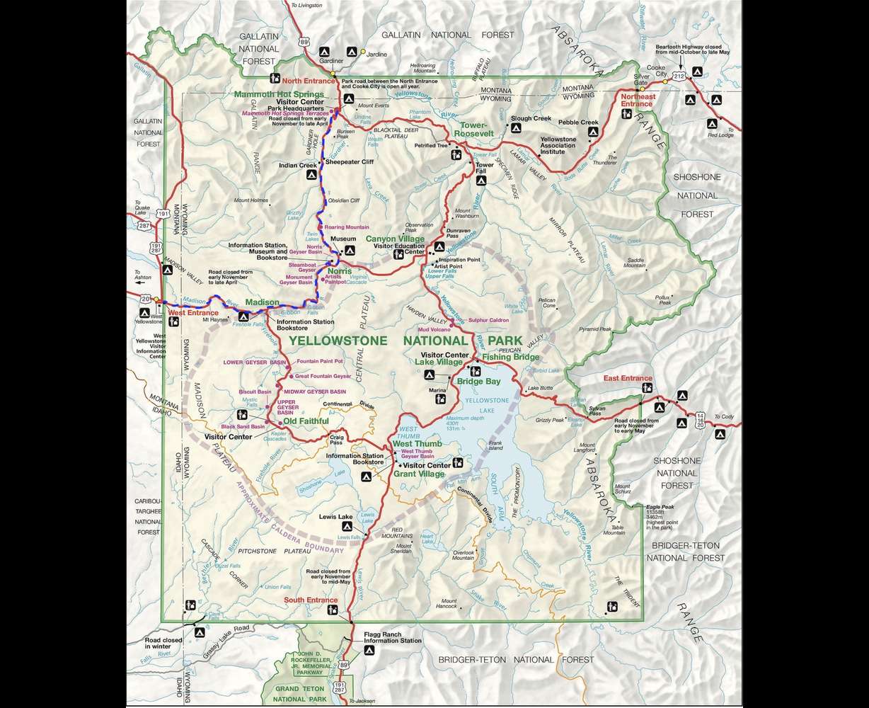 Portions of the main roads in Yellowstone National Park are opened to cyclists before cars each spring. The dotted blue line in the upper left portion of the map traces the approximate route, which covers almost 50-miles starting at the West Entrance and contemning to Mammoth Hot Springs.