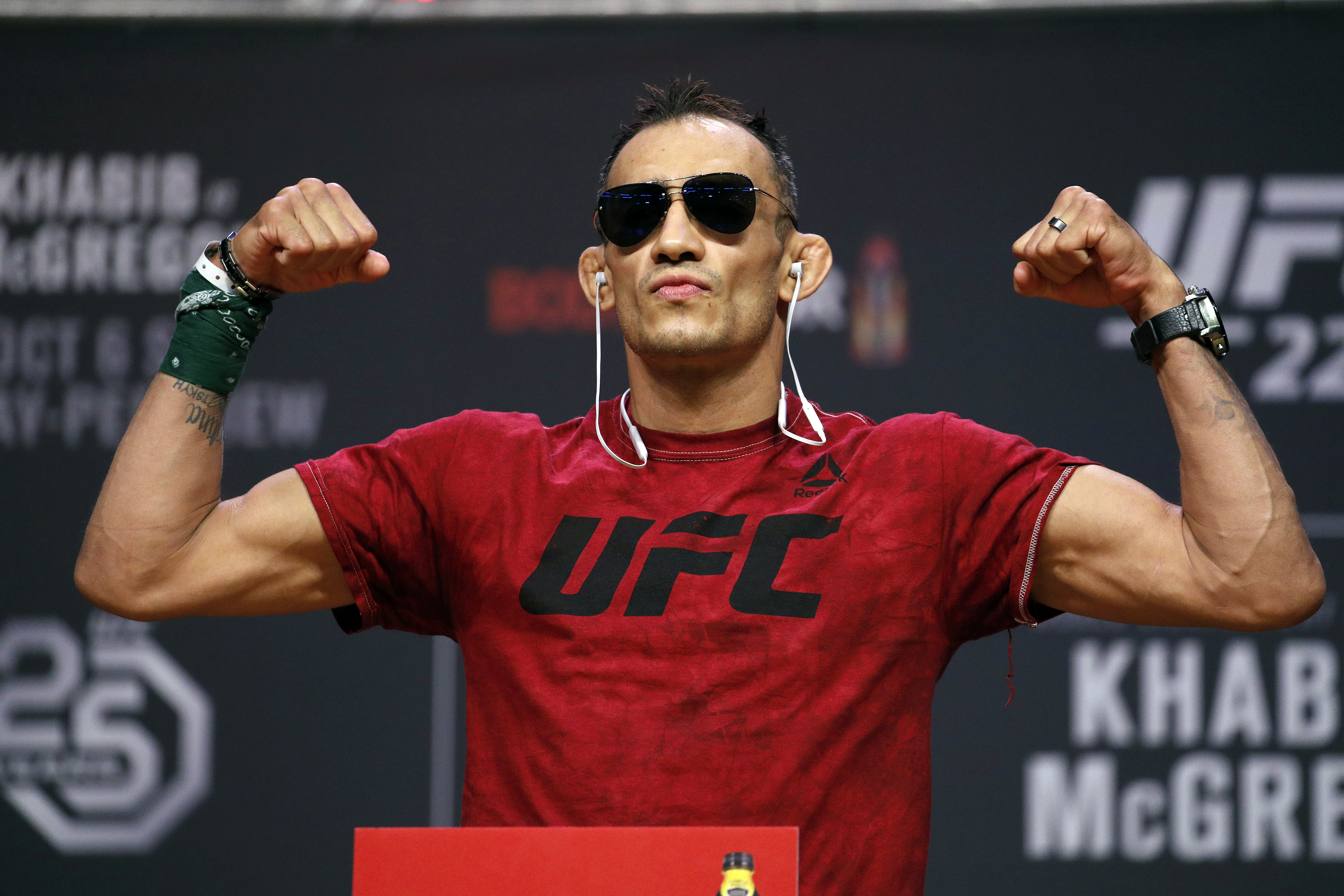 FILE - Tony Ferguson poses during a ceremonial weigh-in for the UFC 229 mixed martial arts fight, Friday, Oct. 5, 2018, in Las Vegas. UFC fighter Ferguson was arrested on a DUI charge in Hollywood early Sunday, May 7, 2023, after his truck slammed into several parked cars.