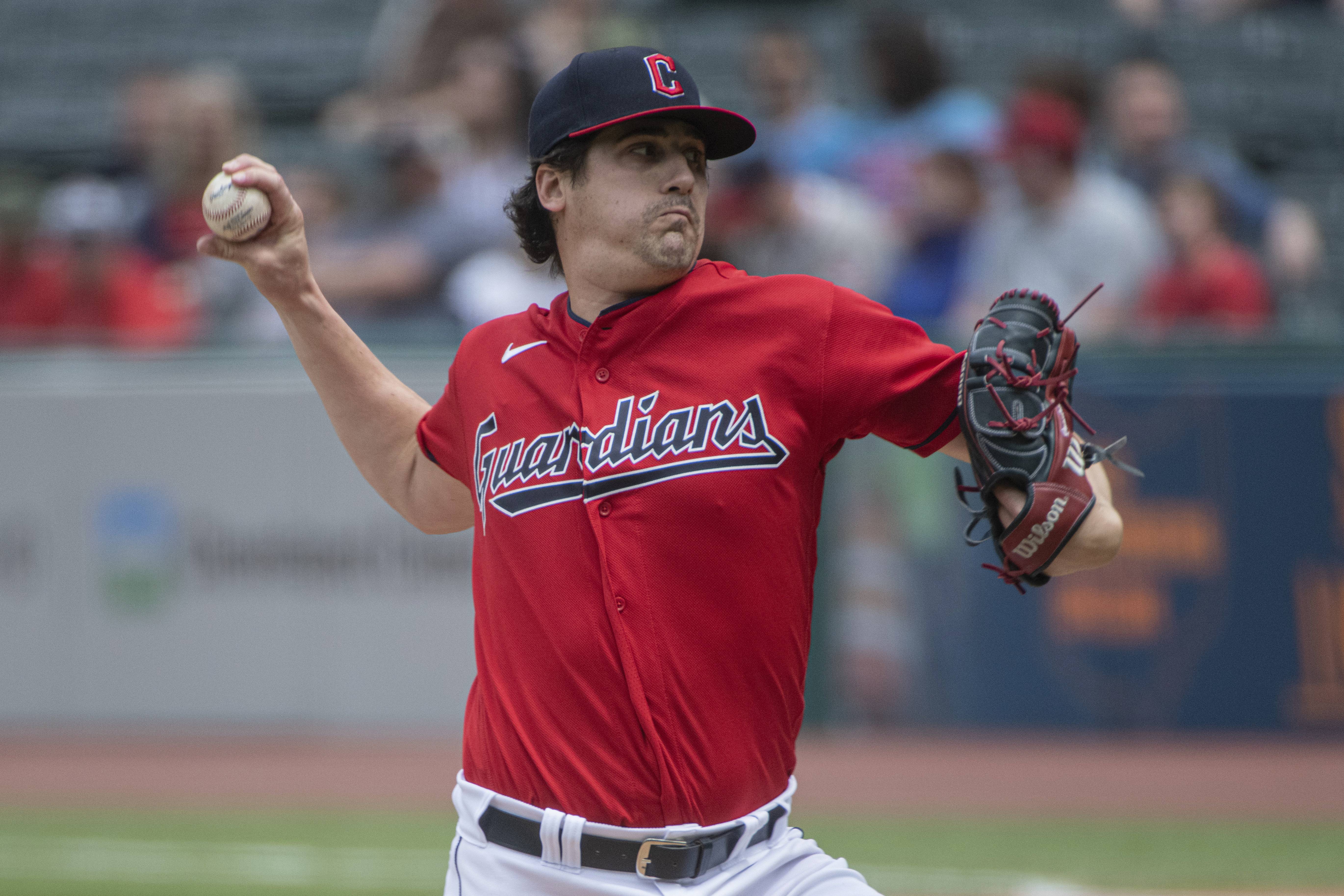 Cleveland Guardians starting pitcher Cal Quantrill delivers against the Minnesota Twins during the first inning of a baseball game in Cleveland, Sunday, May 7, 2023.