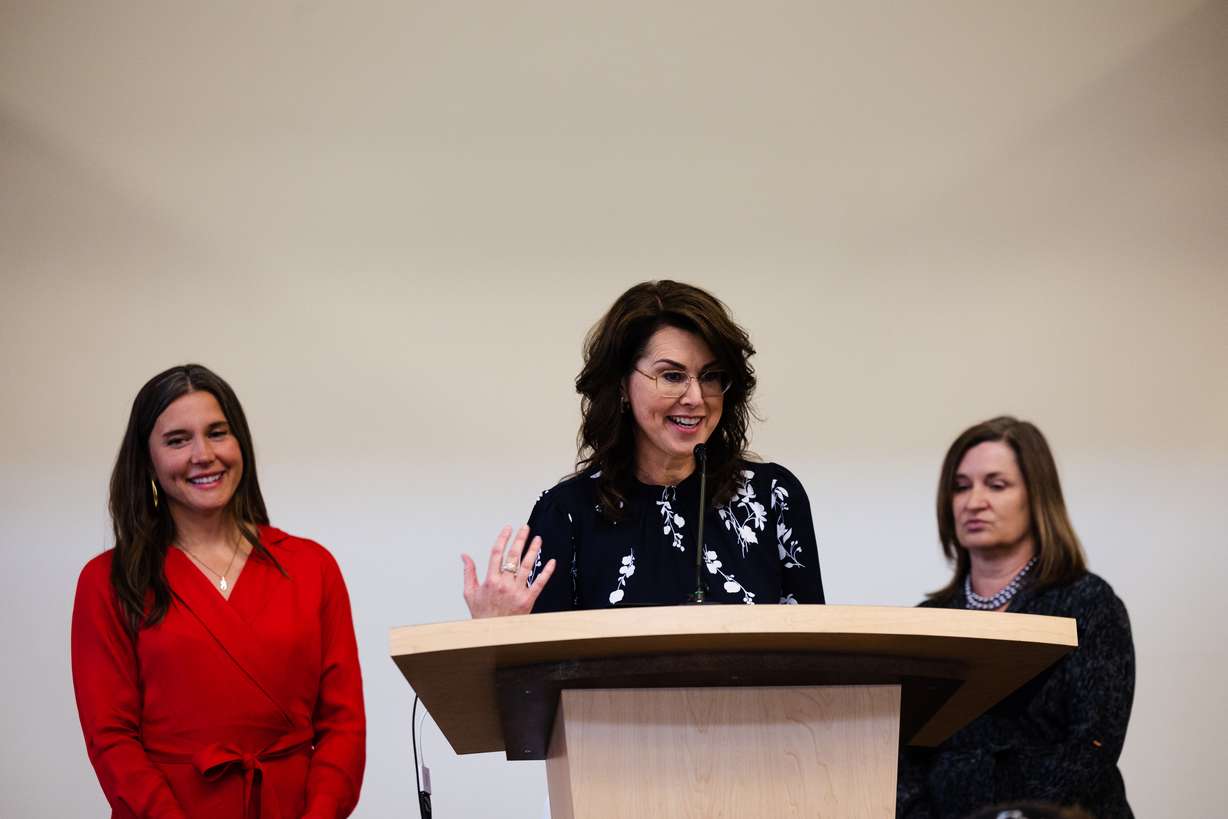 Utah Lt. Gov. Deidre Henderson speaks in front of Salt Lake City Mayor Erin Mendenhall and Salt Lake County Mayor Jenny Wilson, during the 50th anniversary celebration of the Kol Ami synagogue in Salt Lake City on Sunday.