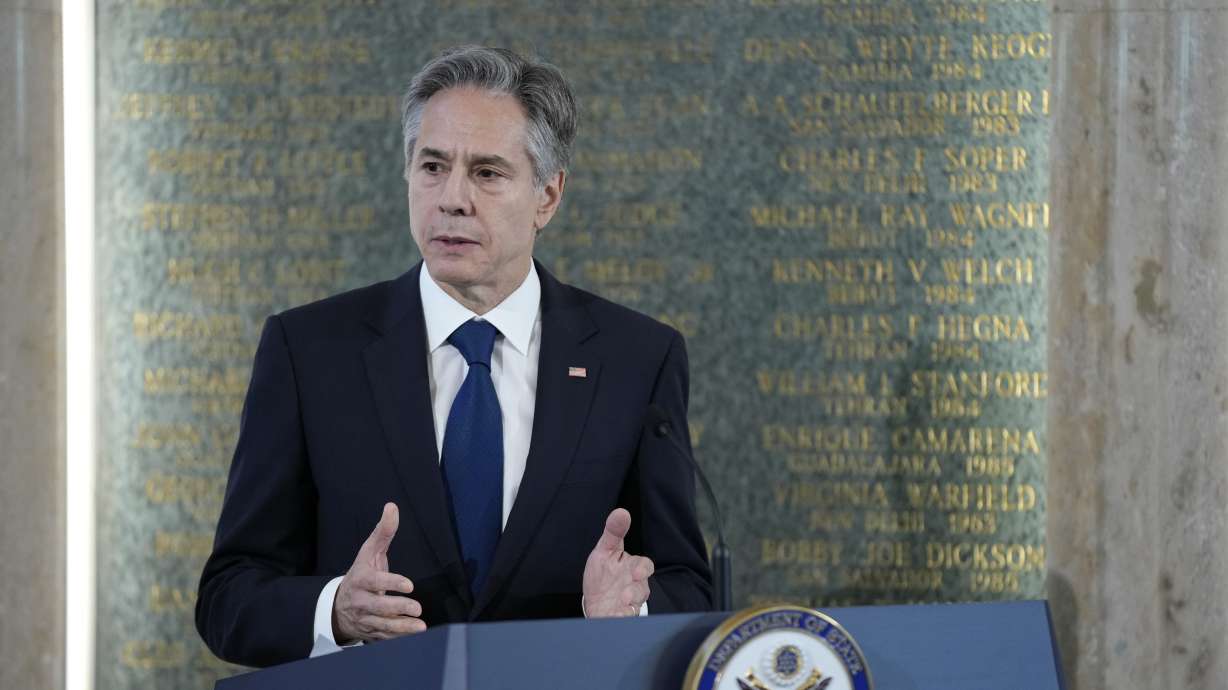 Secretary of State Antony Blinken speaks at an American Foreign Service Association memorial plaque ceremony, Friday at the U.S. State Department in Washington.