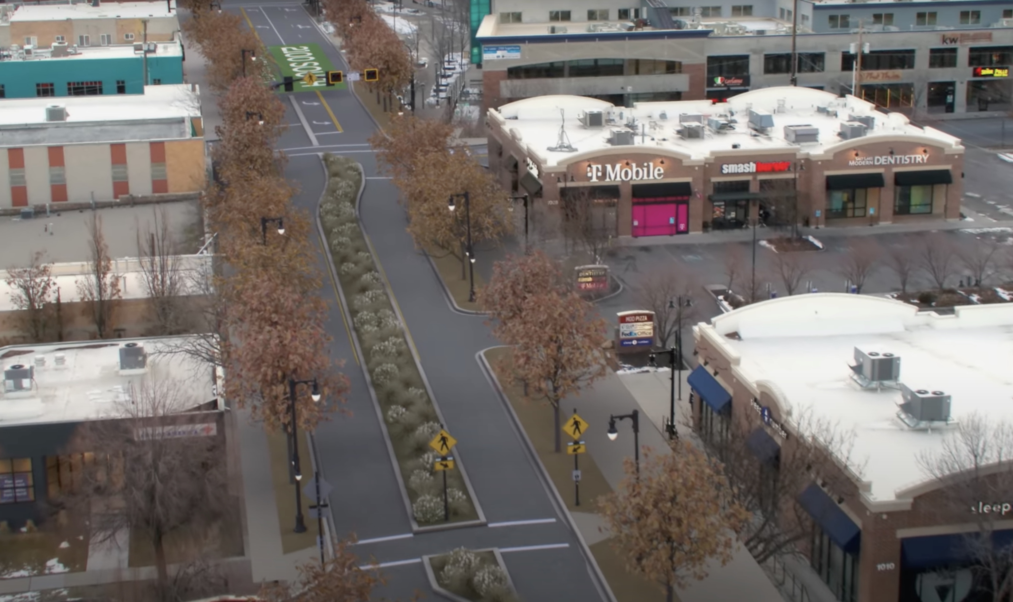 A rendering of what 2100 South will look like in the near future between 700 East and 1300 East. The design calls for a new raised median and a multi-use path between on the south end of the road to accommodate the foot and bike traffic in the area.