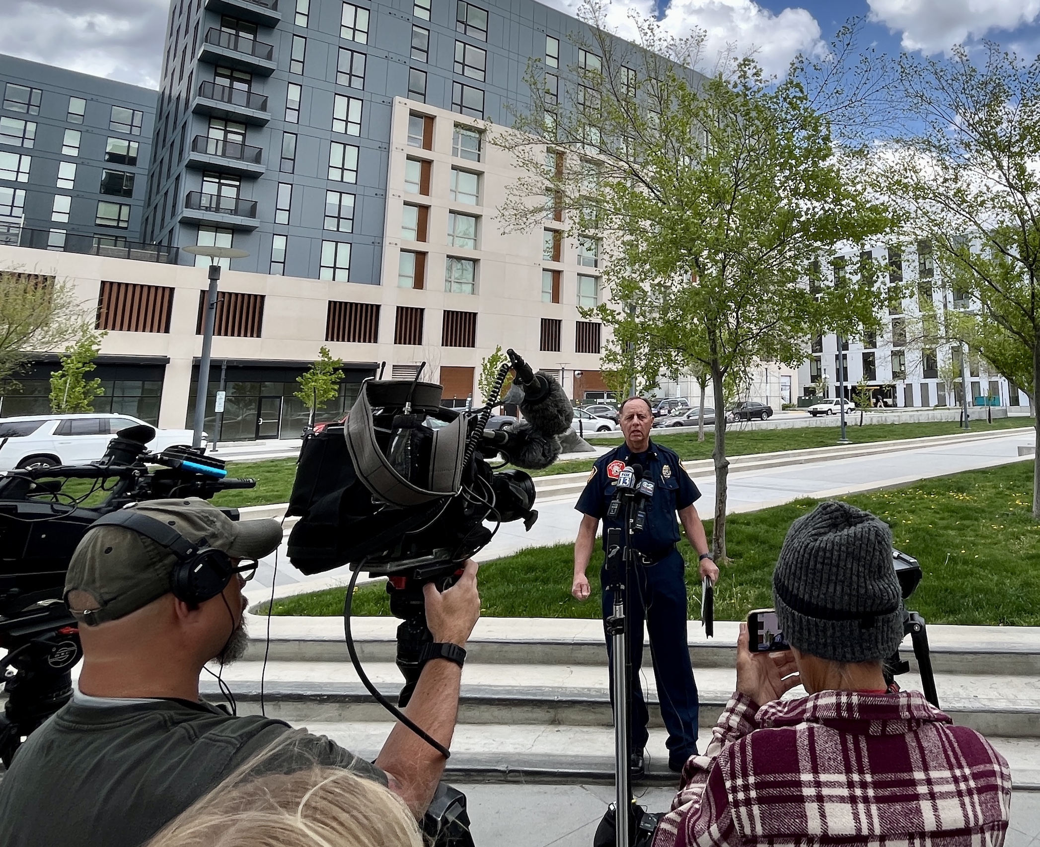 Salt Lake Fire Battalion Chief Dan Walker speaks to members of Utah's news media outside of the Salt Lake City Public Safety Building on Monday. Walker said there has been an uptick in fires involving vacant buildings over the past two weeks.