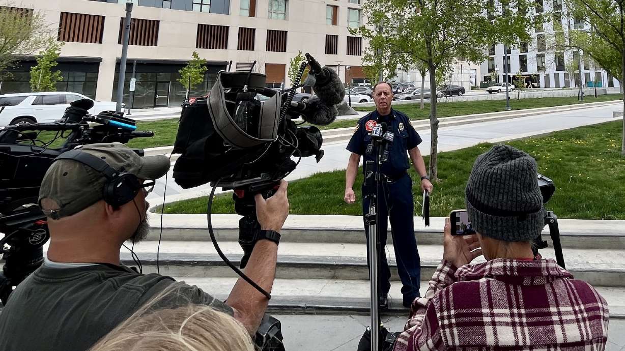 Salt Lake Fire Battalion Chief Dan Walker speaks to members of Utah's news media outside of the Salt Lake City Public Safety Building on Monday. Walker said there has been an uptick in fires involving vacant buildings over the past two weeks.