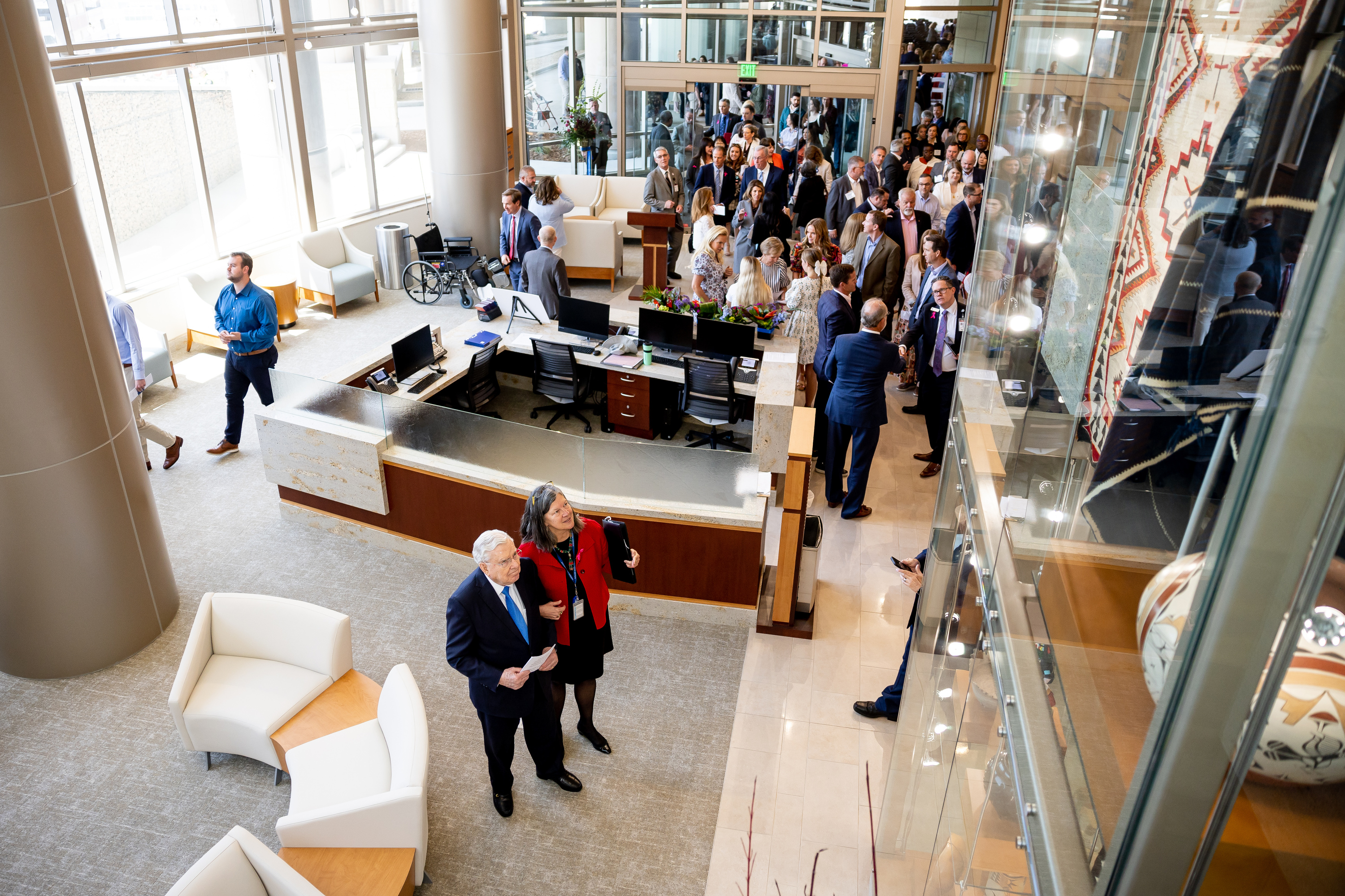 President M. Russell Ballard, acting president of the Quorum of the Twelve Apostles of The Church of Jesus Christ of Latter-day Saints, and Mary Beckerle, CEO of Huntsman Cancer Institute, tour the new Kathryn F. Kirk Center for Comprehensive Cancer Care and Women’s Cancers at Huntsman Cancer Institute in Salt Lake City on Monday.
