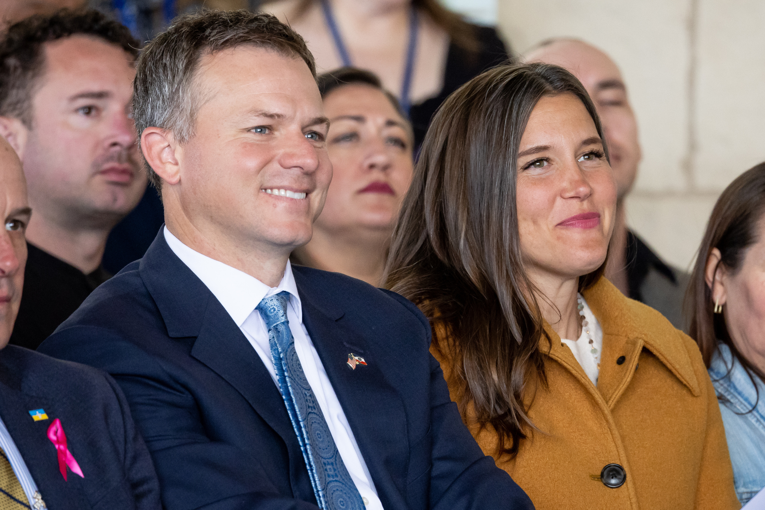 Rep. Blake Moore, R-Utah, and Salt Lake City Mayor Erin Mendenhall sit together at the opening of the new Kathryn F. Kirk Center for Comprehensive Cancer Care and Women’s Cancers at Huntsman Cancer Institute in Salt Lake City on May 8, 2023.