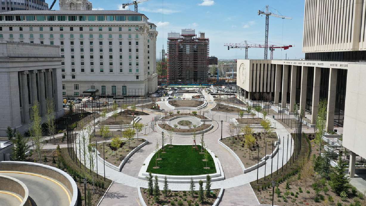 Renovation continues on Temple Square in Salt Lake City on May 2. It's not quite open to the public yet, but the makeover to the Church Office Building Plaza is nearing completion.