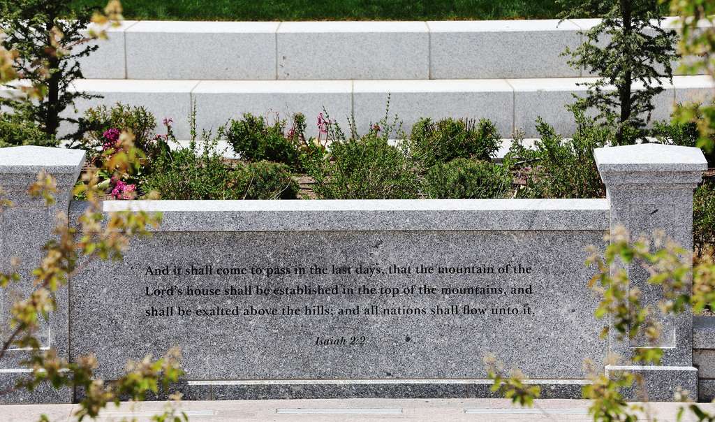 Renovation continues on Temple Square in Salt Lake City on Tuesday, May 2, 2023. An engraving quotes Isaiah 2:2.
