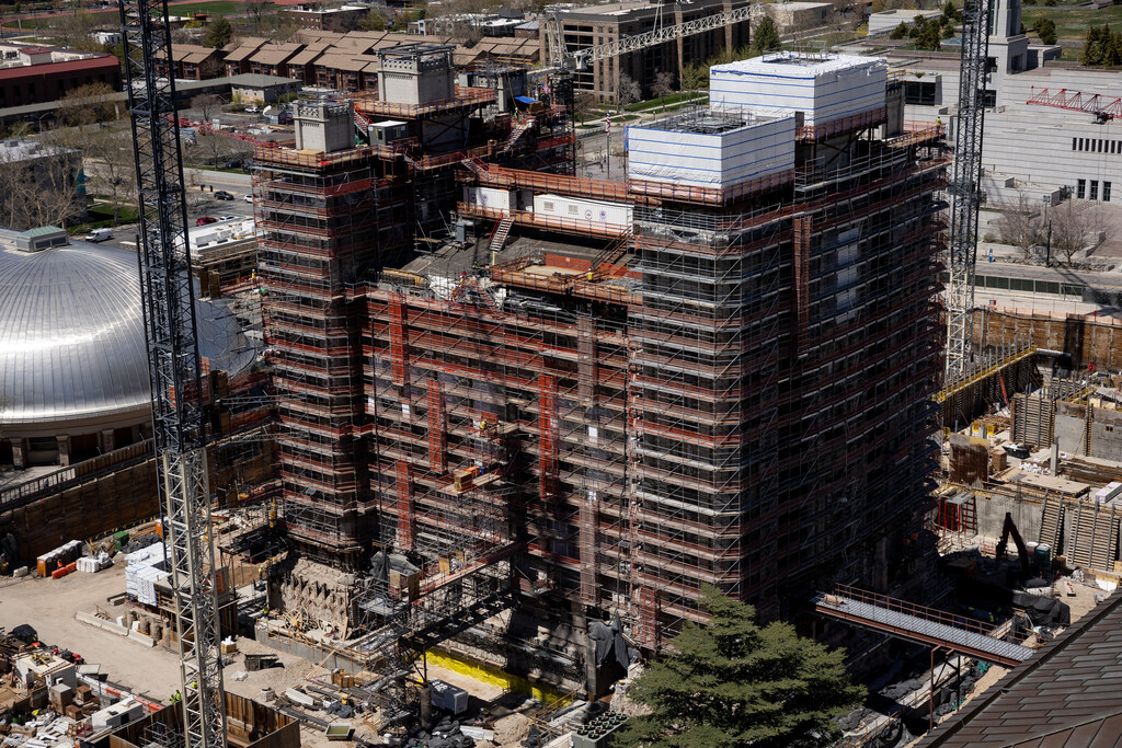 Renovation work continues on the Salt Lake Temple of The Church of Jesus Christ of Latter-day Saints in downtown Salt Lake City on April 28.