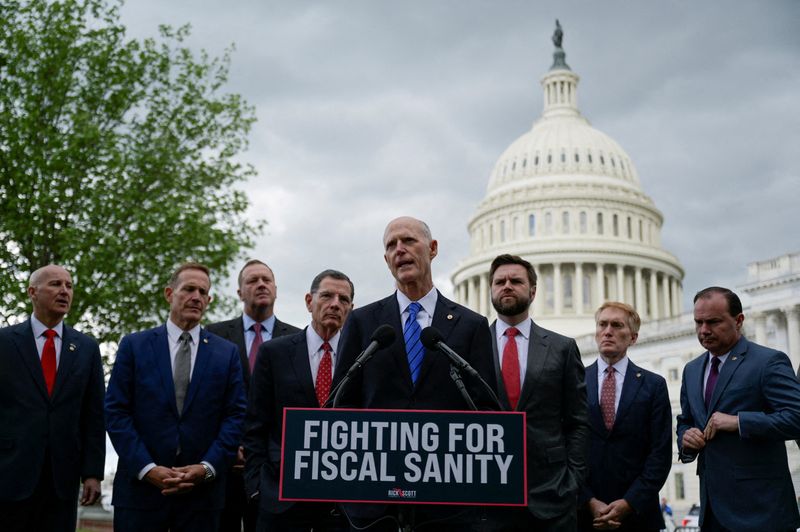 U.S. Sen. Rick Scott, R-Fla., speaks during a press conference calling on President Joe Biden to negotiate with Republicans in order to make a deal on raising the debt ceiling on Capitol Hill in Washington, May 3.