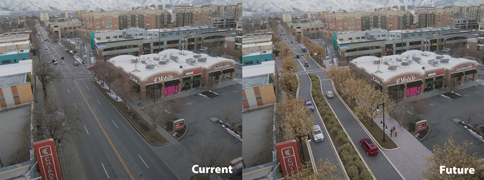 An aerial view of 2100 South at McClelland Street in Salt Lake City paired with a rendering of the new road concept for 2100 South.