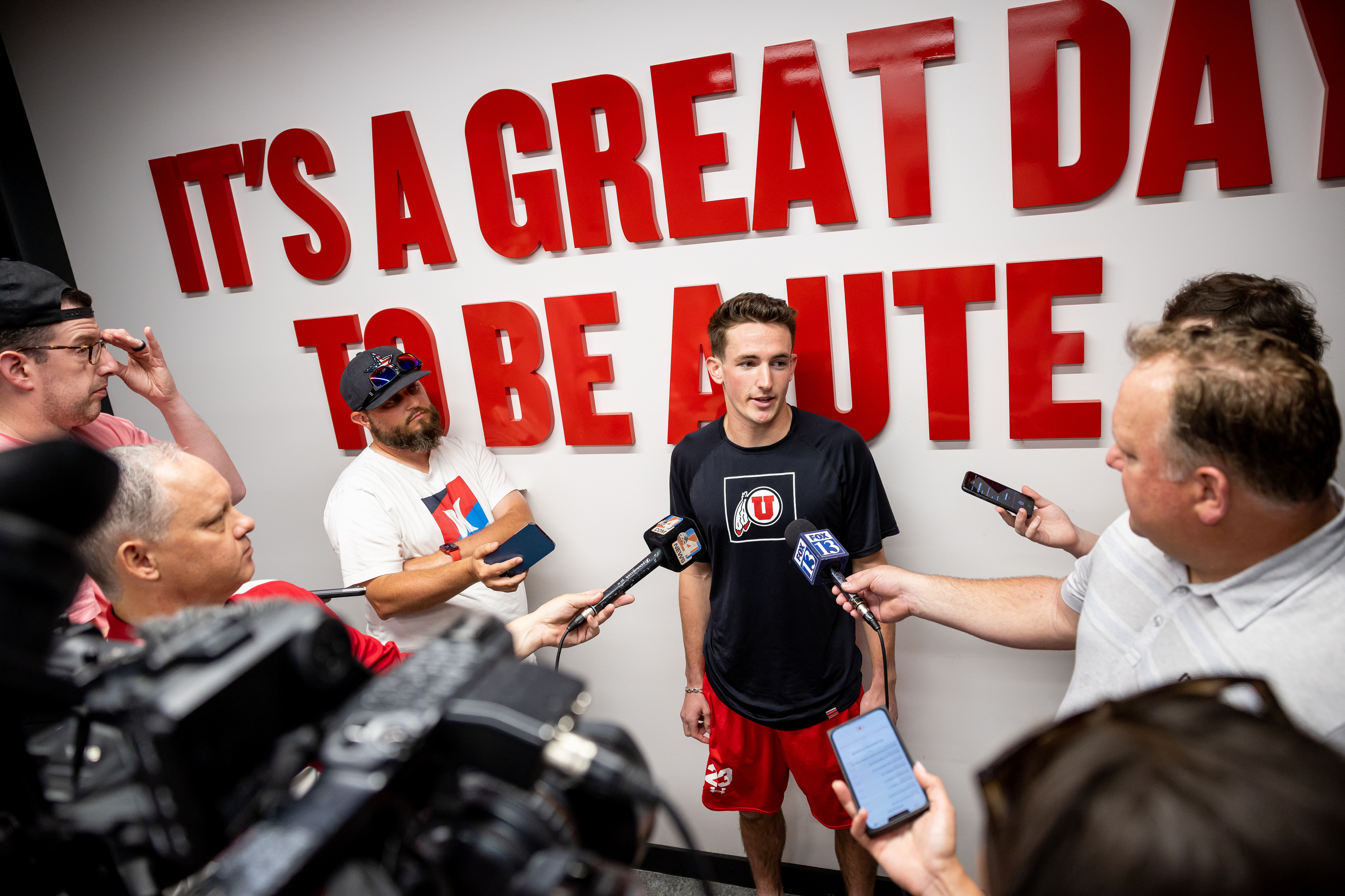 Tyler Bradberry, a junior attacker on the Utah lacrosse team, talks to reporters at the Jon M. and Karen Huntsman Basketball Facility in Salt Lake City on Monday, May 8, 2023, ahead of the team’s first ever trip to the NCAA tournament.