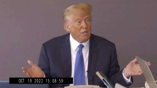 In this image taken from video released by Kaplan Hecker & Fink, former President Donald Trump answers questions during his Oct. 19, 2022, deposition for his trial against writer E. Jean Carroll. The video recording of Trump being questioned about the rape allegations against him was made public for the first time May 5 providing a glimpse of the Republican's emphatic, often colorful denials.