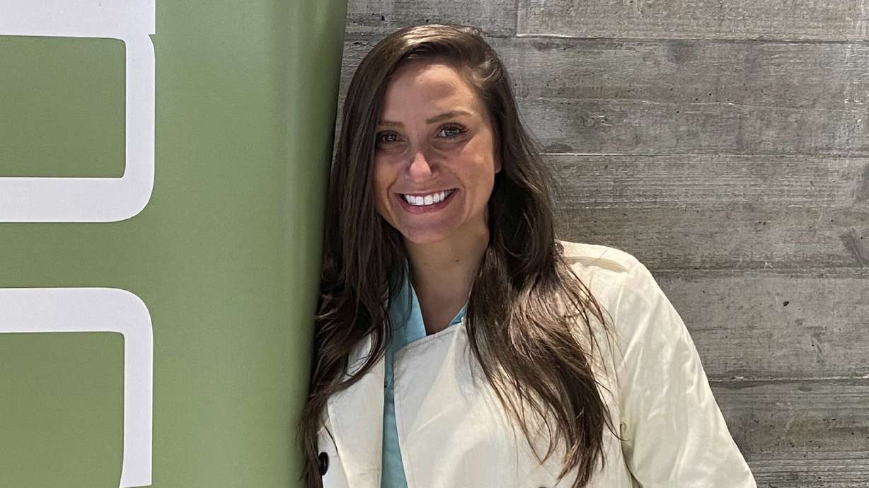 Kouri Richins at the KPCW studio in Park City, April 12. Richins is accused in charging documents of poisoning her husband with a lethal dose of fentanyl at their home in Kamas.