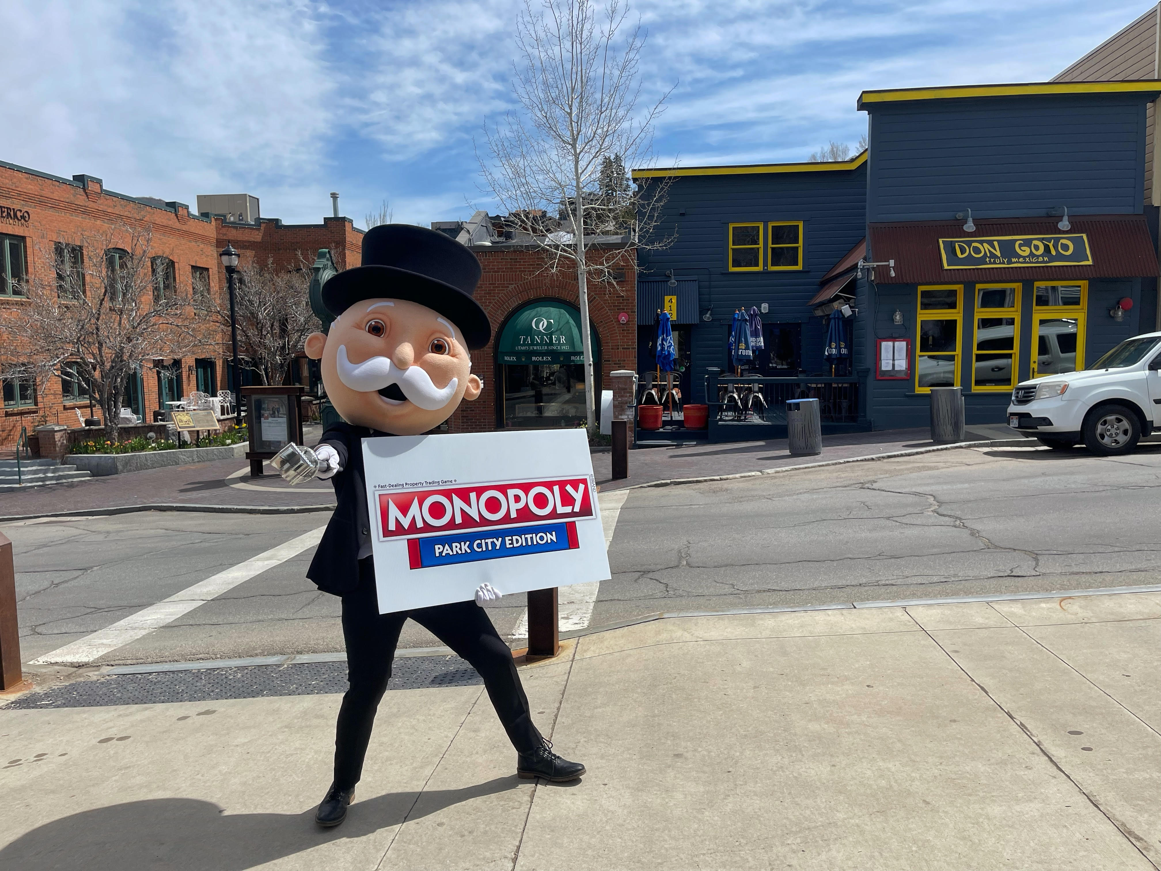Rich Uncle Pennybags, also known as Mr. Monopoly, stands on a Park City sidewalk Tuesday. Monopoly will launch the Park City edition of the iconic board game next winter.