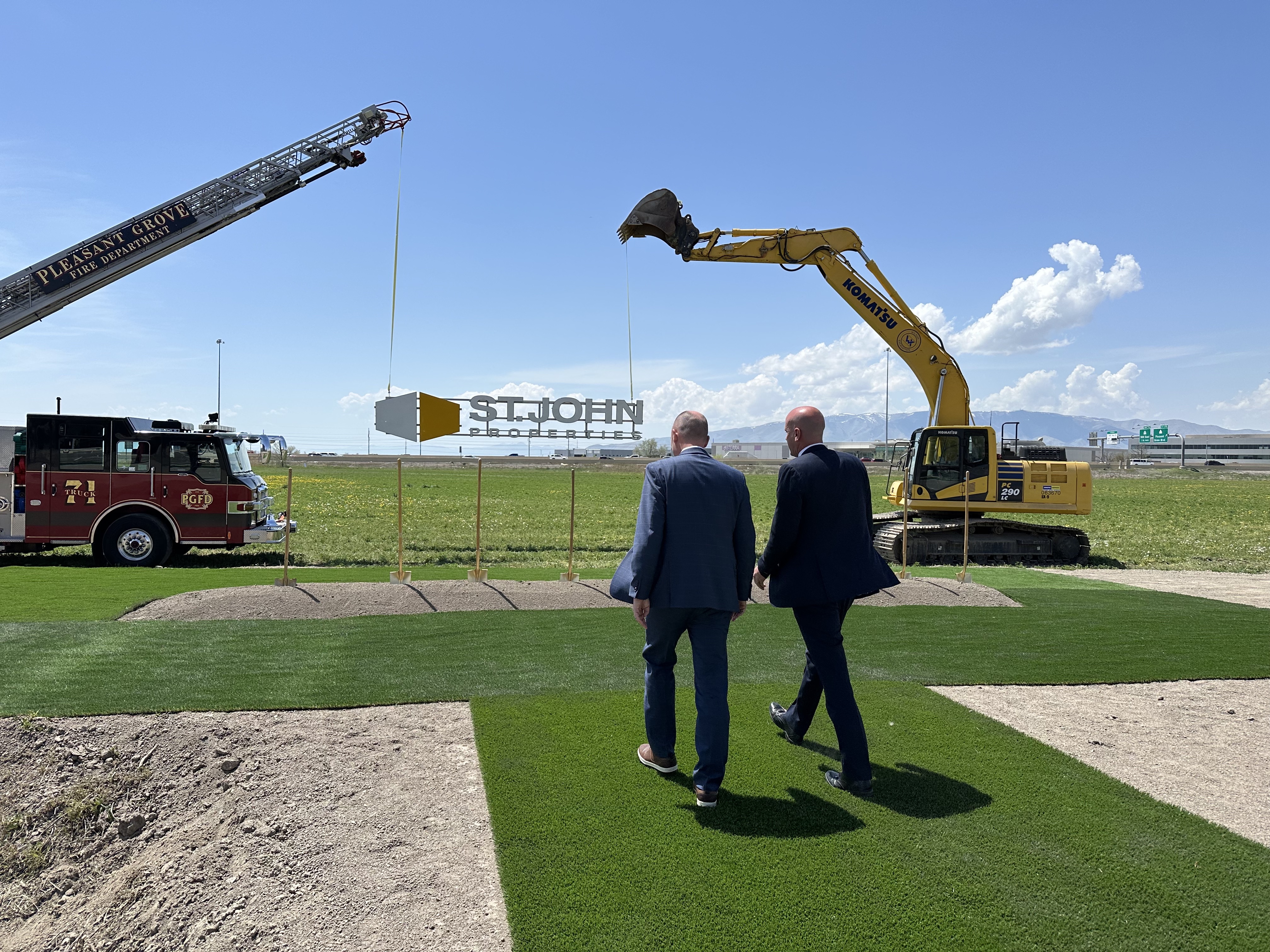 St. John Properties regional partner Daniel Thomas and Gov. Spencer Cox walk to the groundbreaking site for Valley Grove's sixth phase of development on Tuesday in Pleasant Grove.