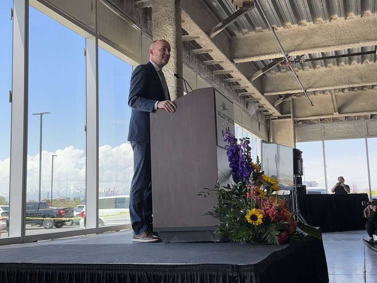 Gov. Spencer Cox speaks at a groundbreaking ceremony for St. John Properties' development project called Valley Grove in Pleasant Grove on Tuesday.