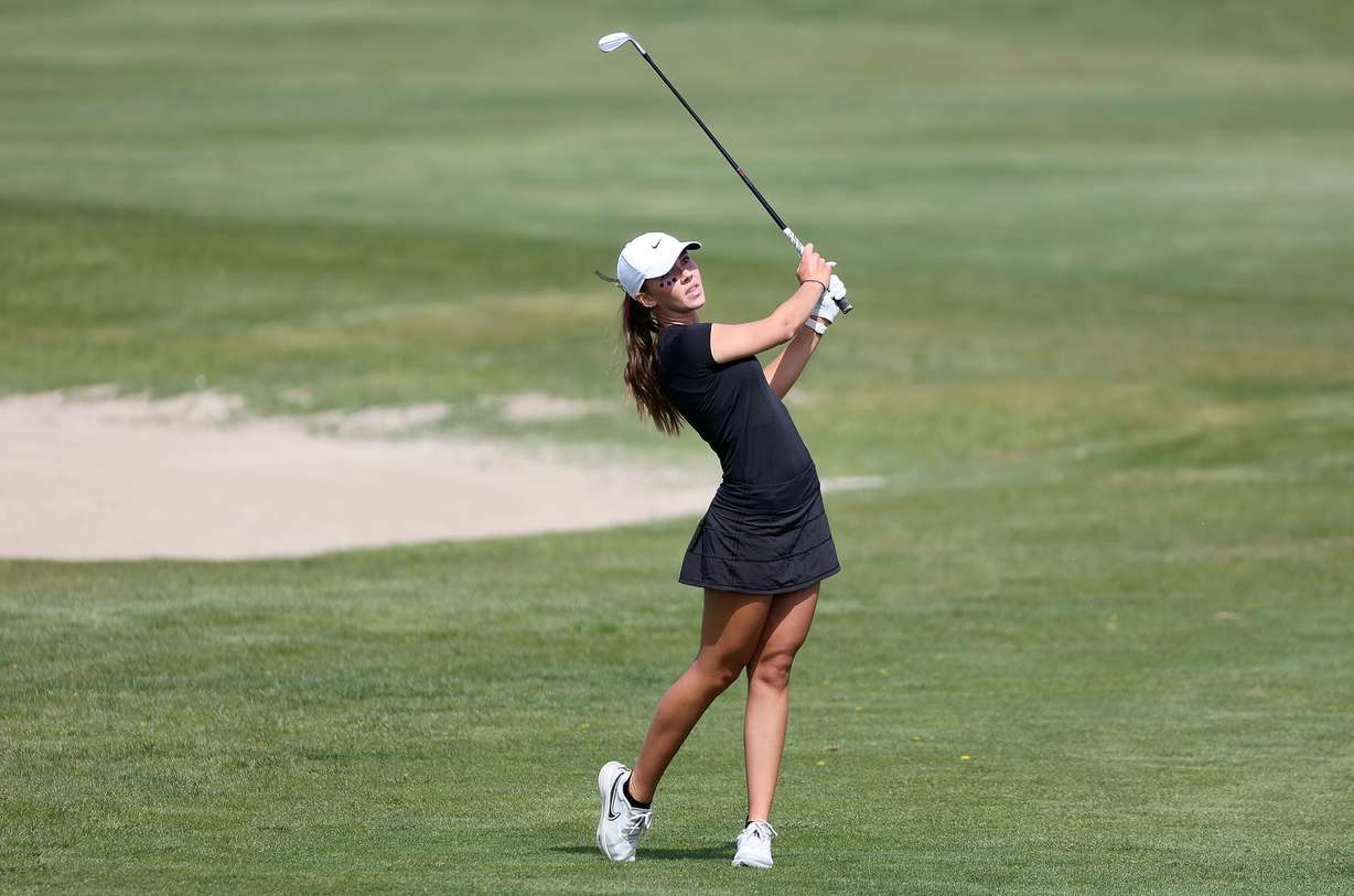 Lone Peakโs Aadyn Long competes in and wins the 6A girls golf state tournament at Riverbend Golf Course in Riverton on Tuesday, May 9, 2023.
