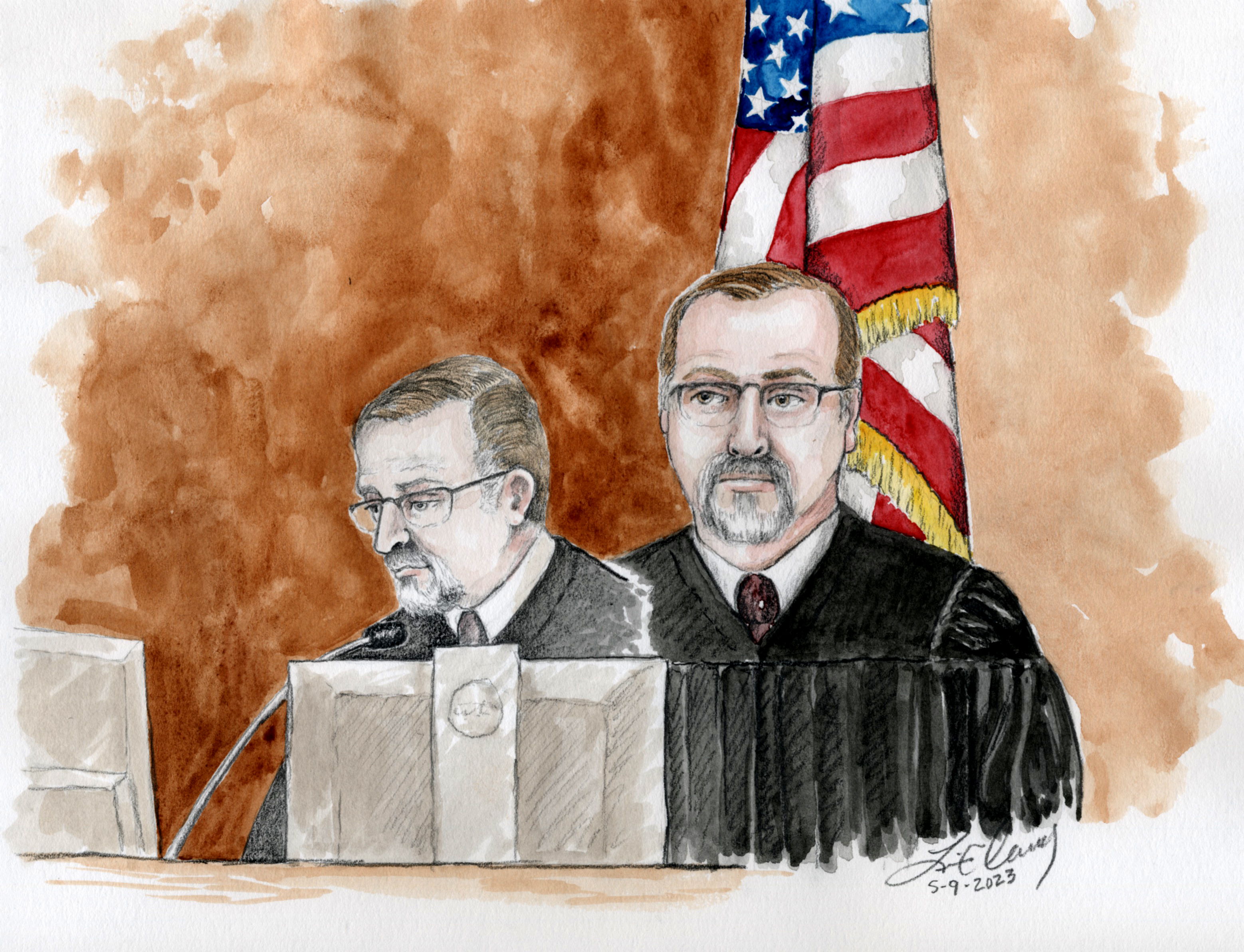 Judge Steven Boyce is pictured at the bench in an Ada County courtroom during the Lori Daybell murder trial in Boise on Tuesday.