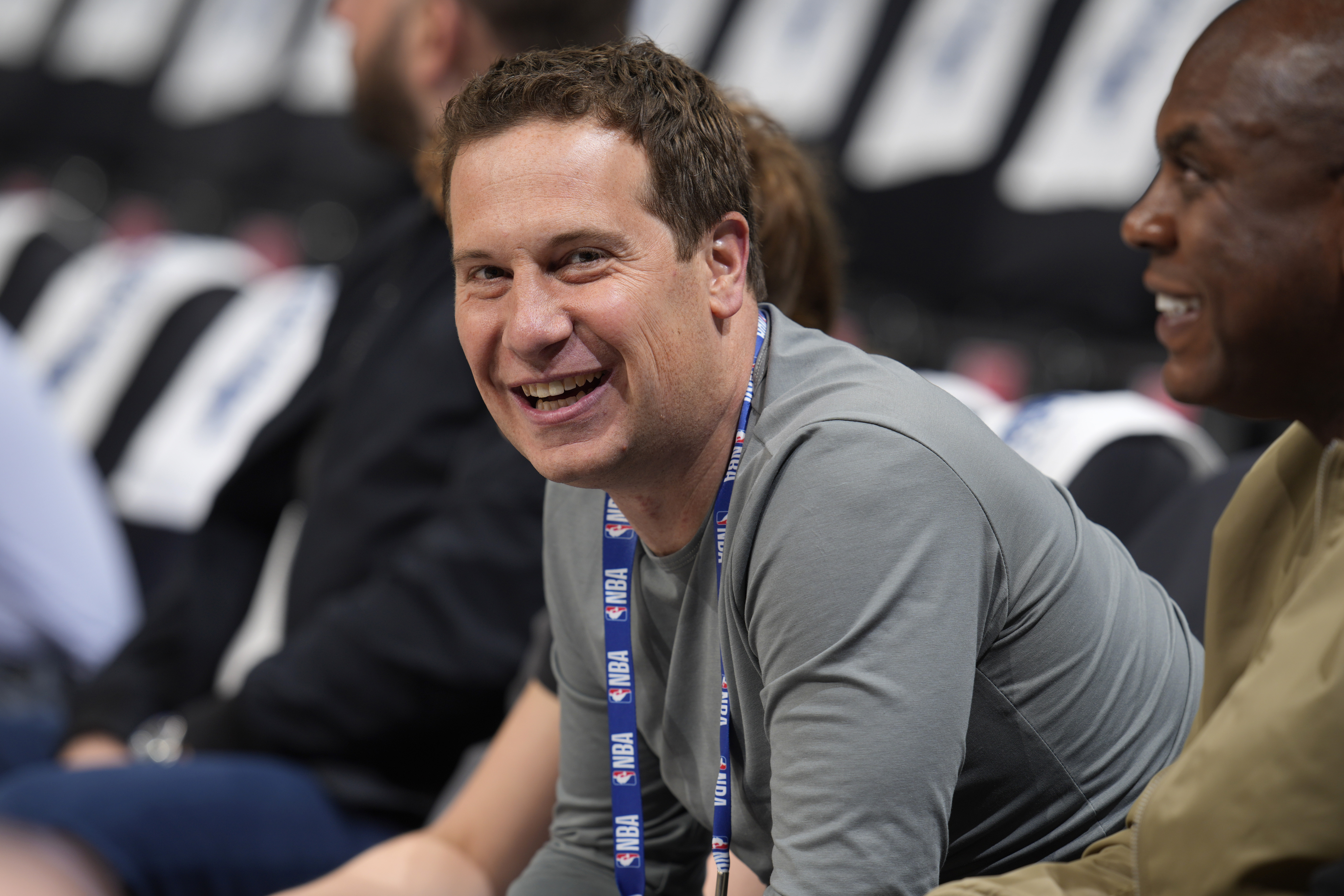 Phoenix Suns owner Mat Ishbia looks on as players warm up before Game 5 of an NBA basketball second-round playoff series against the Denver Nuggets Tuesday, May 9, 2023, in Denver. 