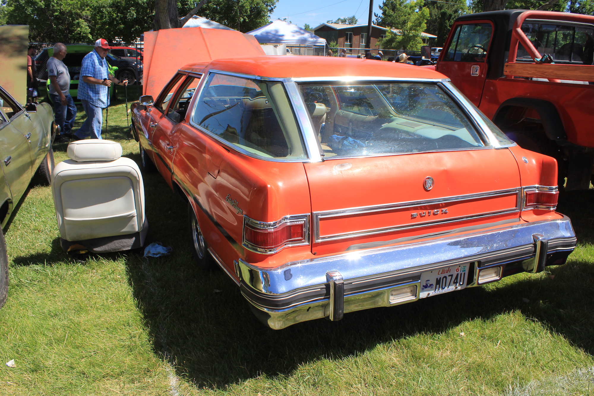 View from the back bumper of Gabe Kuszmaul's 1976 Buick Estate Wagon shows admirers of it 19 feet away.