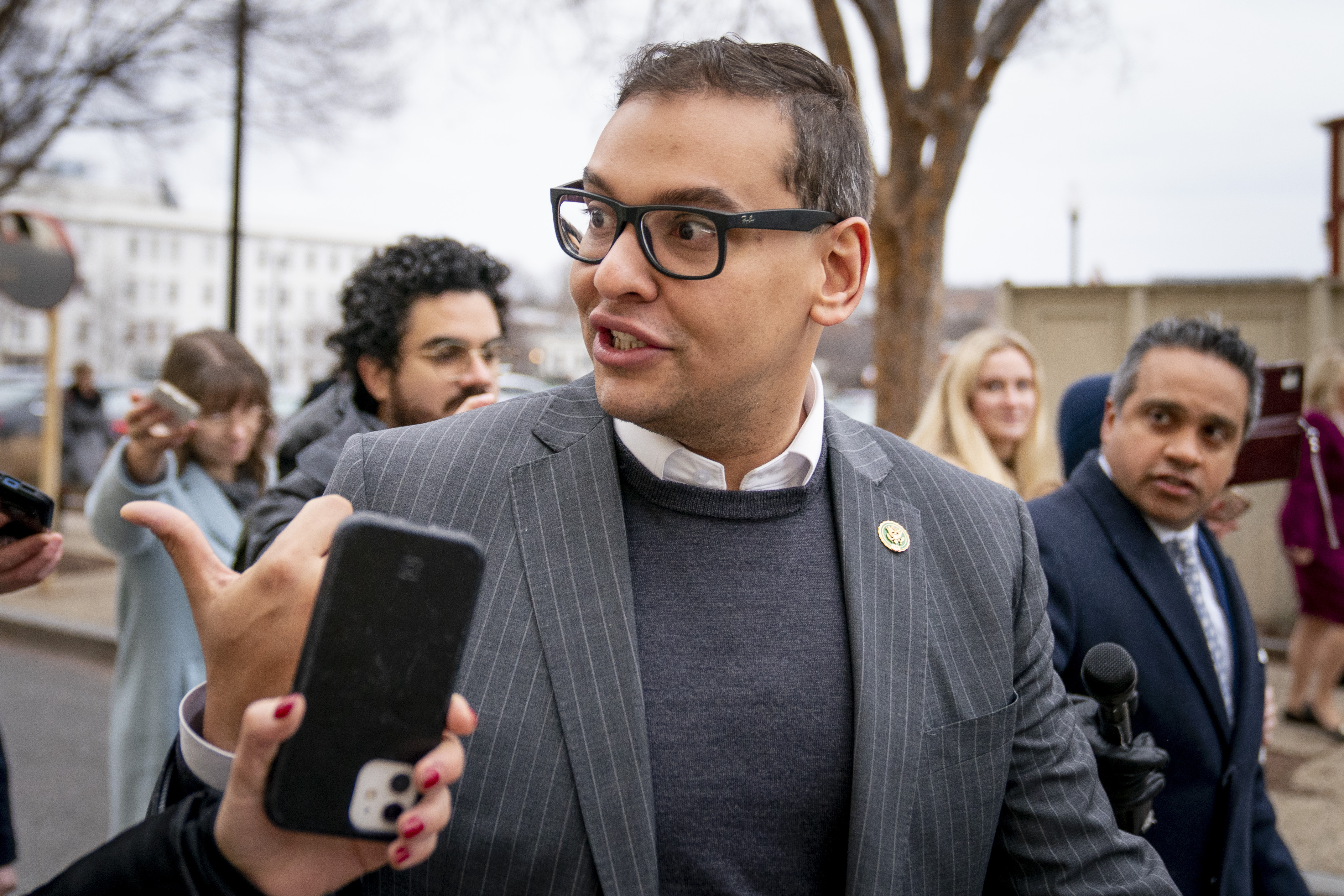 Rep. George Santos, R-N.Y., leaves a House GOP conference meeting on Capitol Hill in Washington, Jan. 25. Santos has been arrested on federal criminal charges Wednesday.