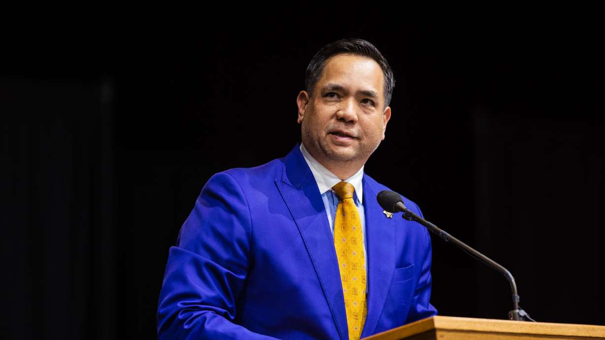 Utah Attorney General Sean Reyes speaks at UVU in Orem on April 22. Reyes was sued Monday by a Utah woman who accuses him of intimidating her after she became critical of Operation Underground Railroad and founder Tim Ballard.