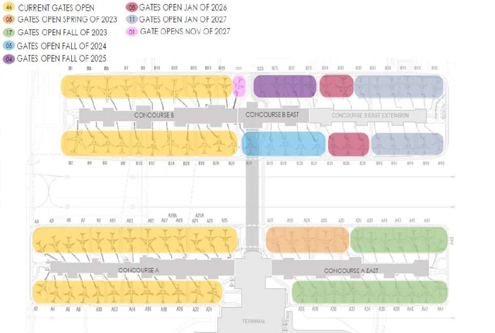 This graphic shows existing and future gates at the Salt Lake City International Airport. The airport plans to open 48 new gates between next week and 2027.