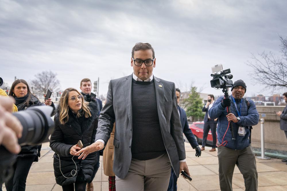 Rep. George Santos, R-N.Y., leaves a House GOP conference meeting on Capitol Hill in Washington, Jan. 25. Santos has been arrested on federal criminal charges. The Republican congressman has faced outrage over revelations he fabricated parts of his life story.