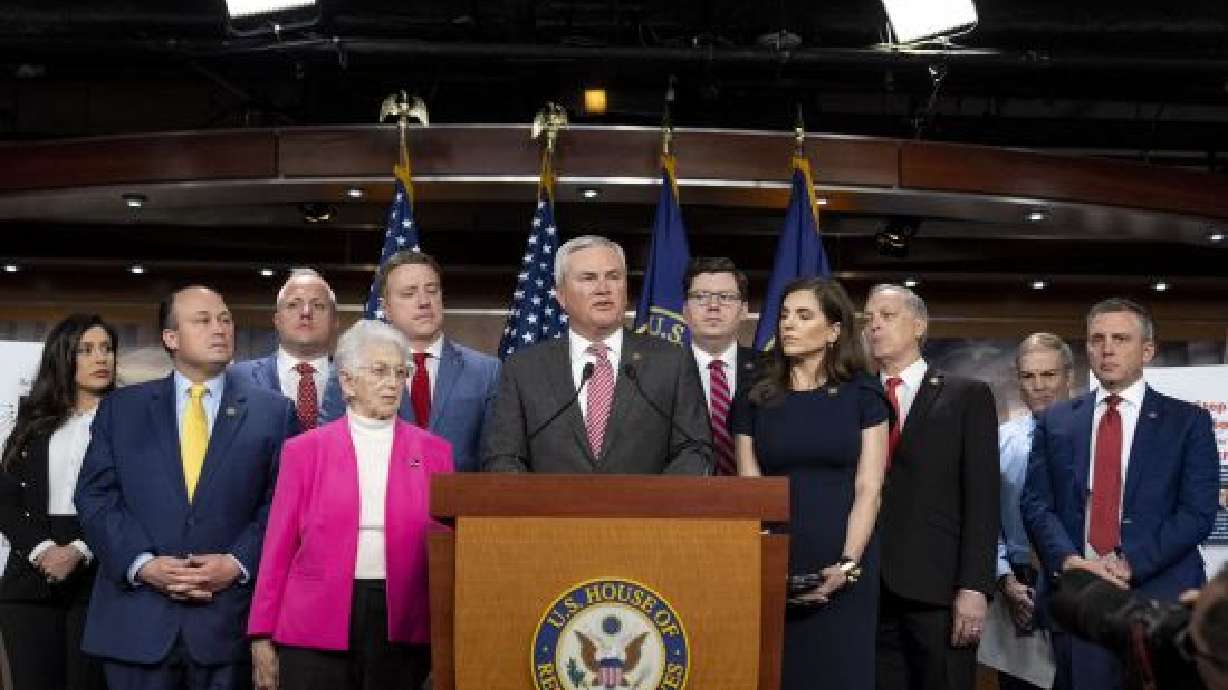 Rep. James Comer Jr., R-Ky., center speaks during a news conference on their investigation into the Biden Family on Capitol Hill in Washington, Wednesday.