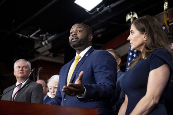Rep. Byron Donalds, R-Fla., center, accompanied House Committee on Oversight and Accountability Chairman Rep. James Comer Jr., R-Ky., left, and Rep. Nancy Mace, R-S.C., right, speaks during a news conference on the House Republican's investigation into the Biden Family on Capitol Hill in Washington, Wednesday.